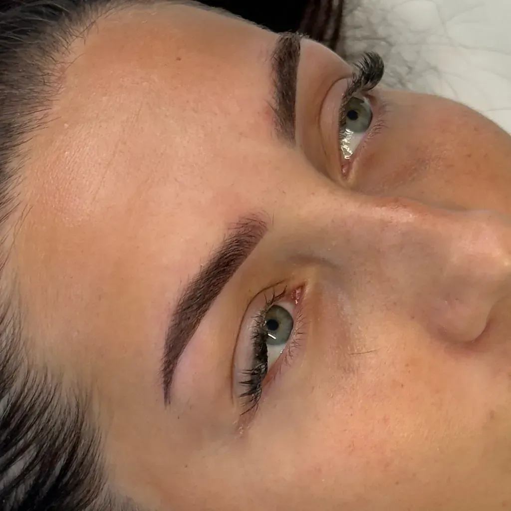 Eyebrows of a brunette right after powder brows