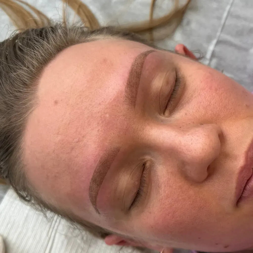 Eyebrows of a light blonde right after powder brows, darker