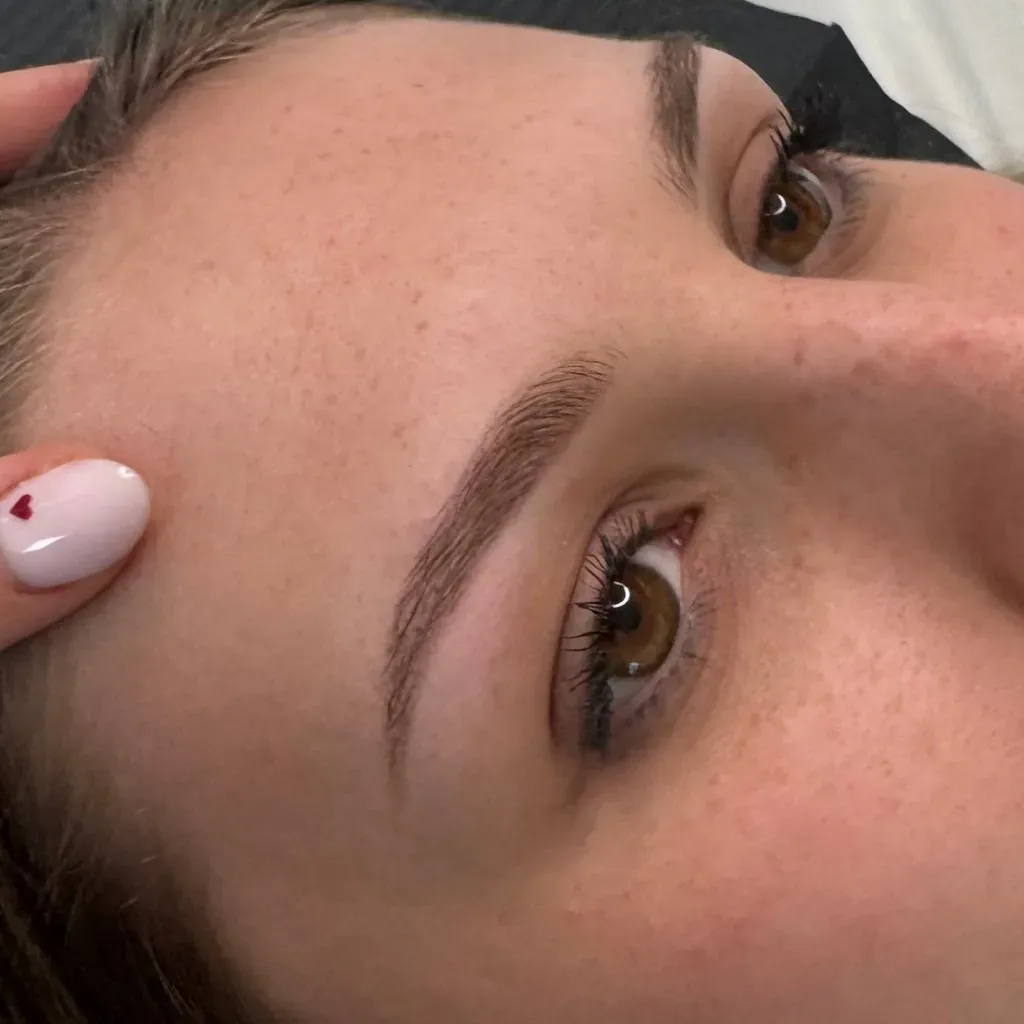 Eyebrows of a brown-haired client, healed powder brows
