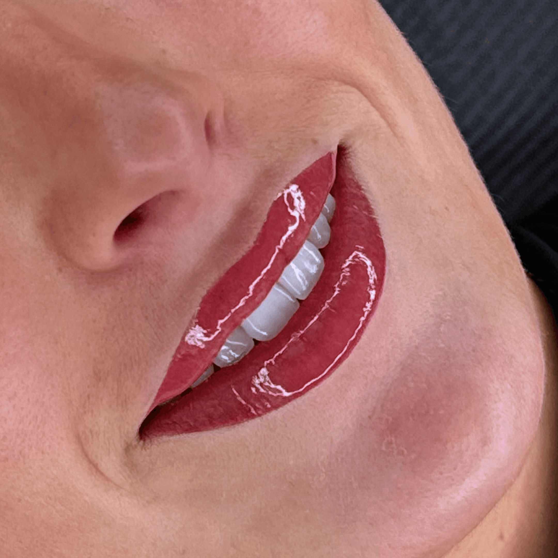 Dermopigmentation labiale permanente avec une technique Candy Lips mettant en valeur un contour de bouche parfaitement redessiné et net.