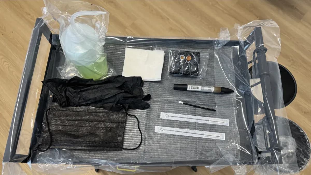 Der geschützte Arbeitsplatz und das Einwegmaterial, vorbereitet für eine einzige Kundin
