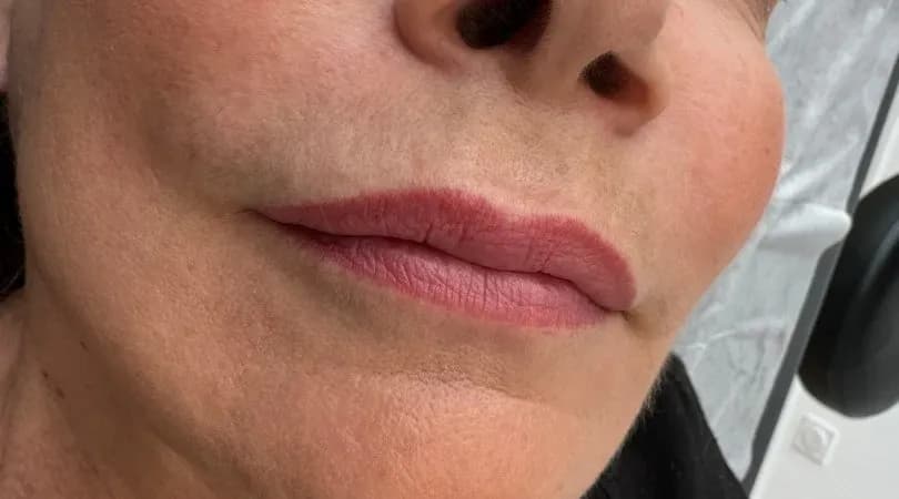 Healed lip blush on mature lips, cherry red shade