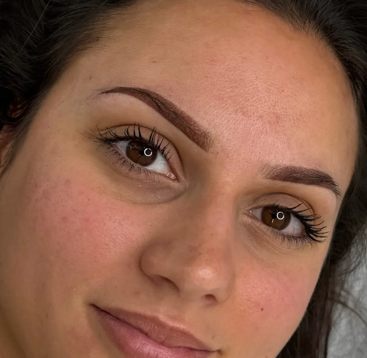 Brunette client right after powder brows