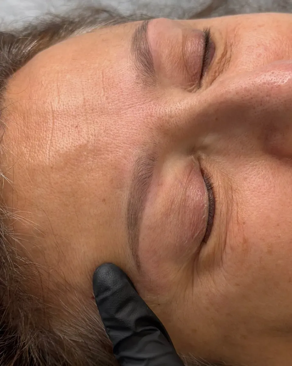 Client with mature, combination-to-oily skin, healed powder brows